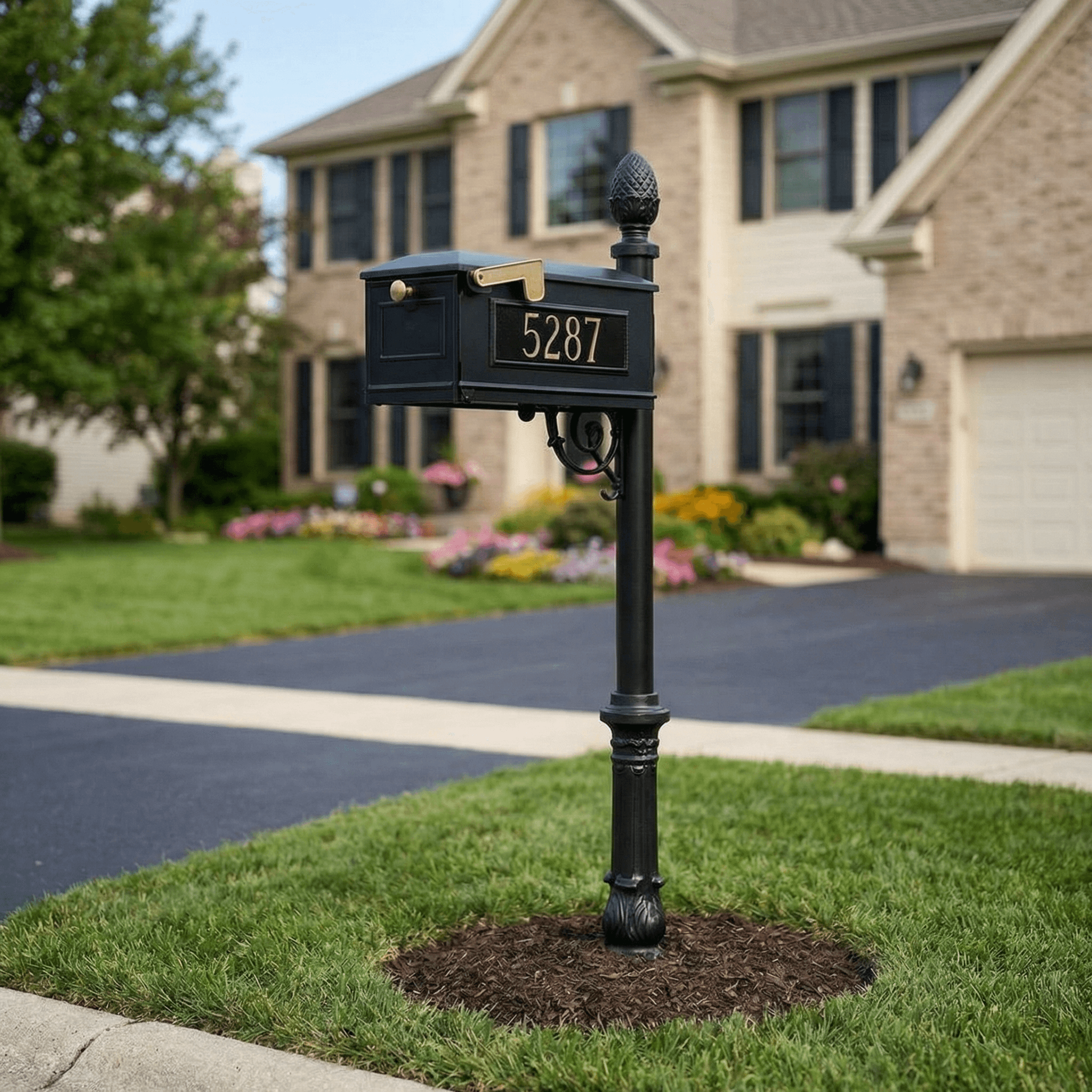 Lewiston Luxury ornate base pedestal mailbox with address plates in Chicagoland