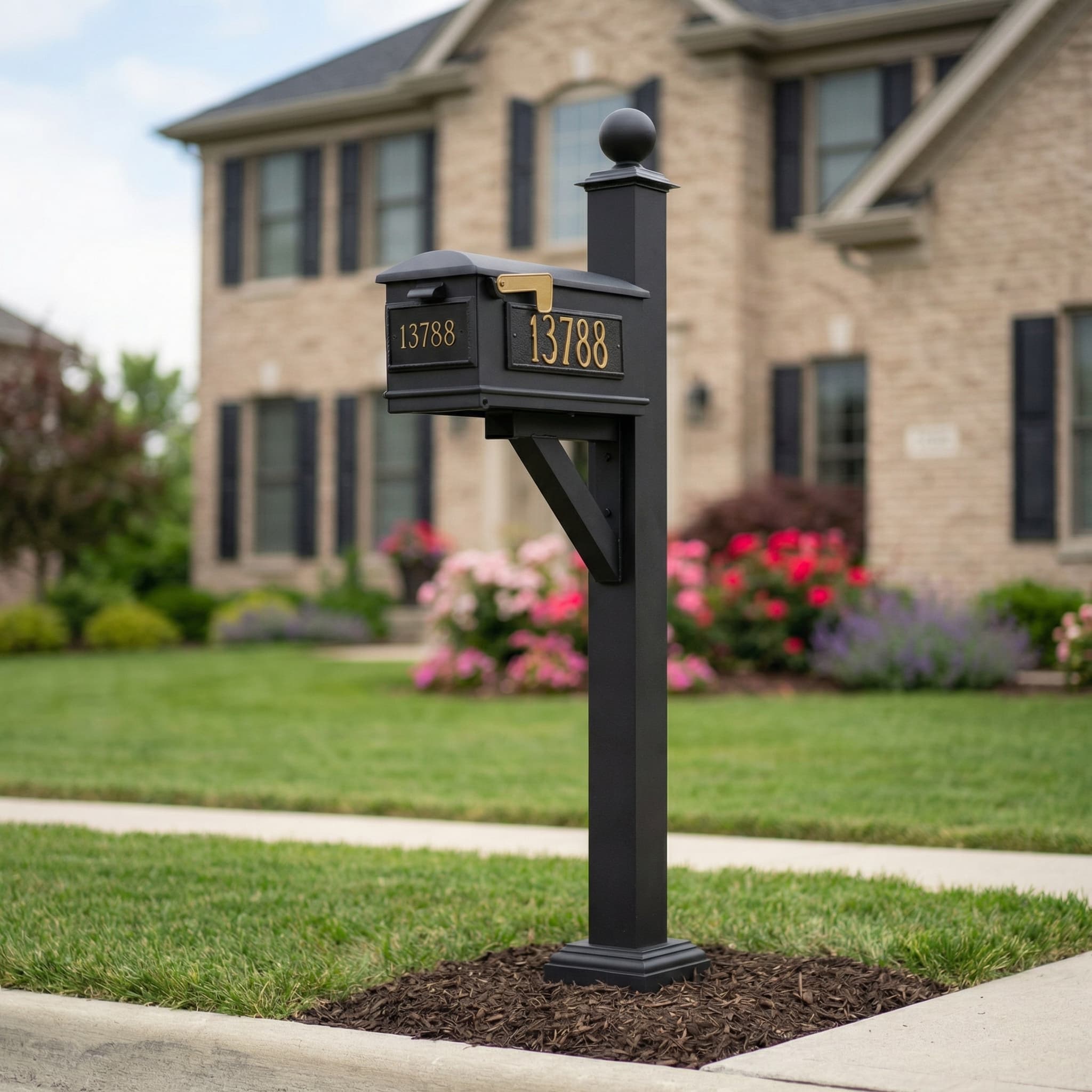 Westhaven square base post with Lewiston mailbox and address plates in Chicago suburb