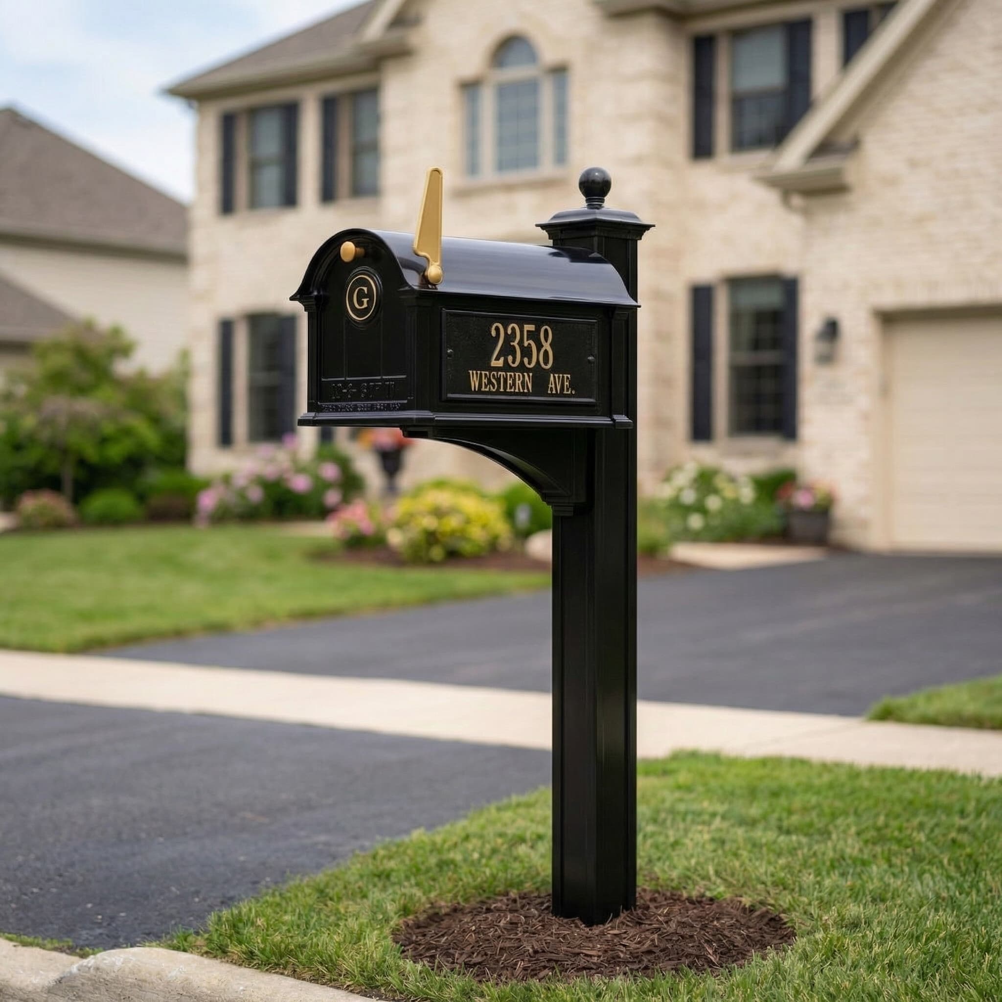 Stately Balmoral cast aluminum mailbox on tall post in Chicago suburb