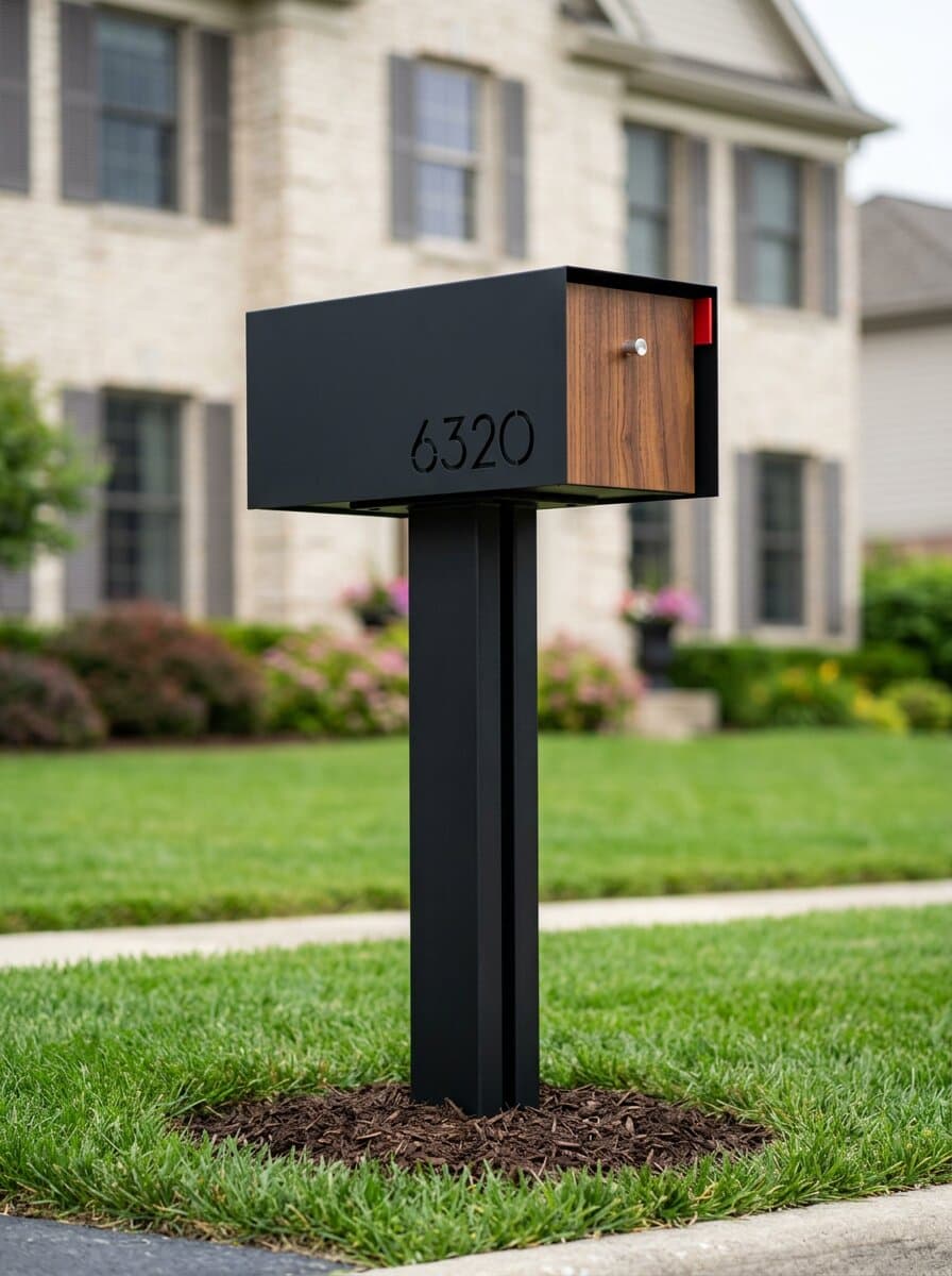 Waldo Luxury contemporary geometric aluminum mailbox installed in Chicago suburb