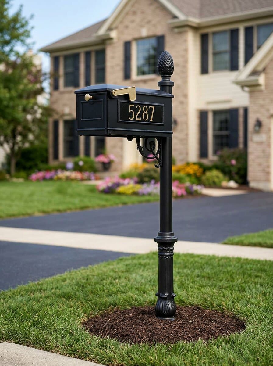 Lewiston Luxury ornate base pedestal mailbox with address plates in Chicagoland
