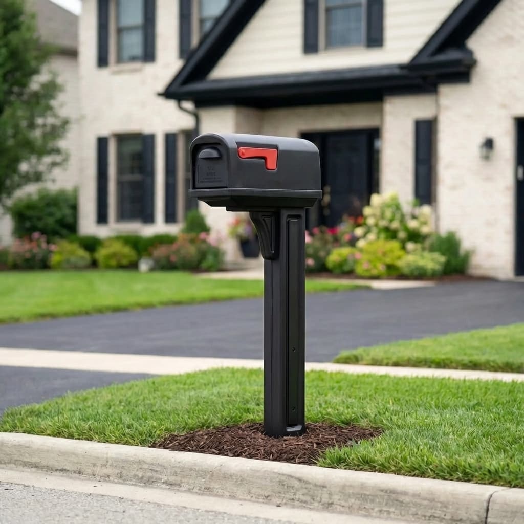 Modern square plastic mailbox on post, professionally installed in Chicagoland
